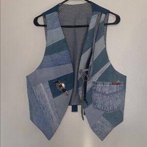 M/L Patchwork Denim Vest with Pocket Handmade